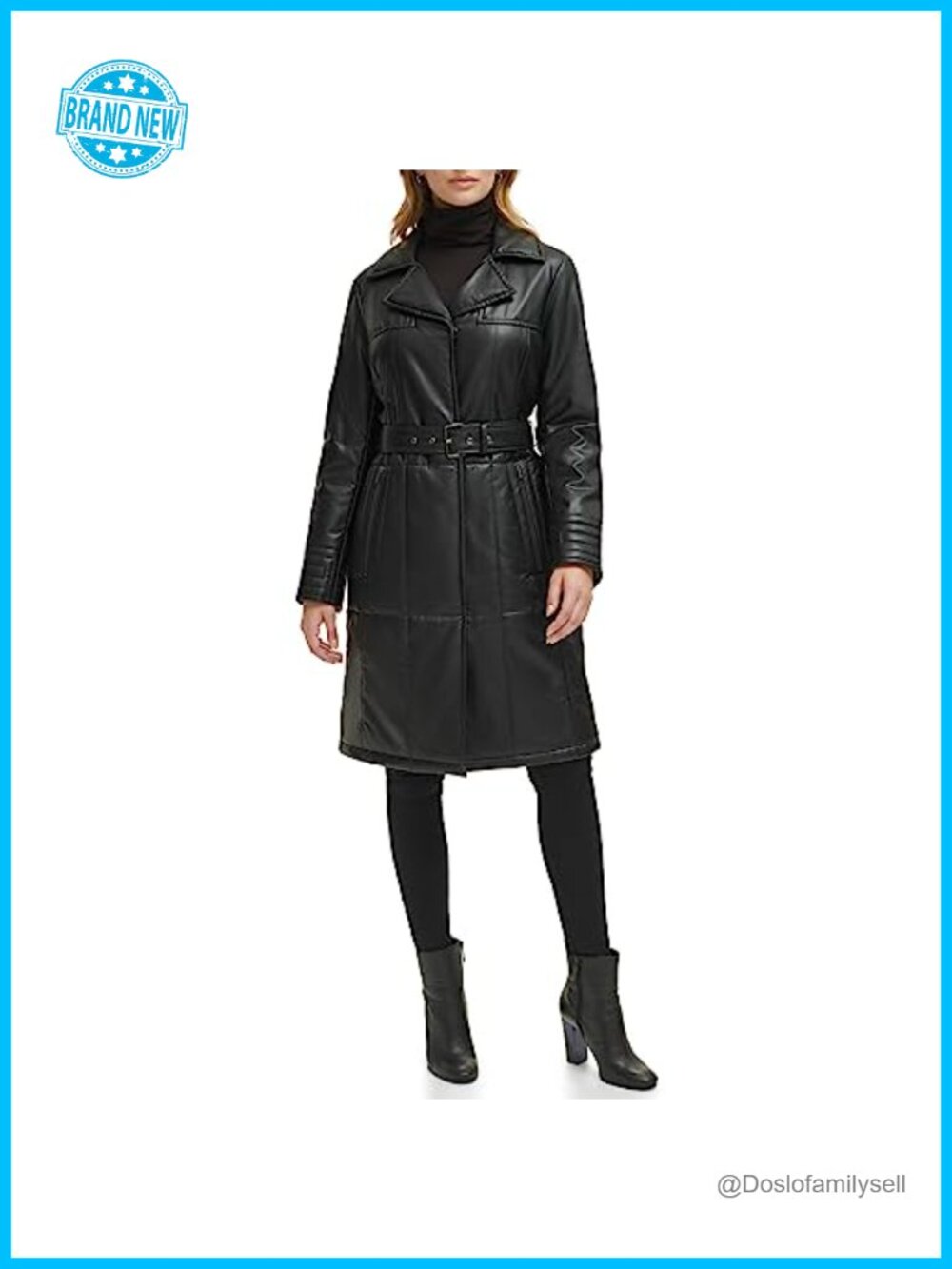 Faux Leather Belted Notch Collar Trench Coat Quilted Long Sleeve